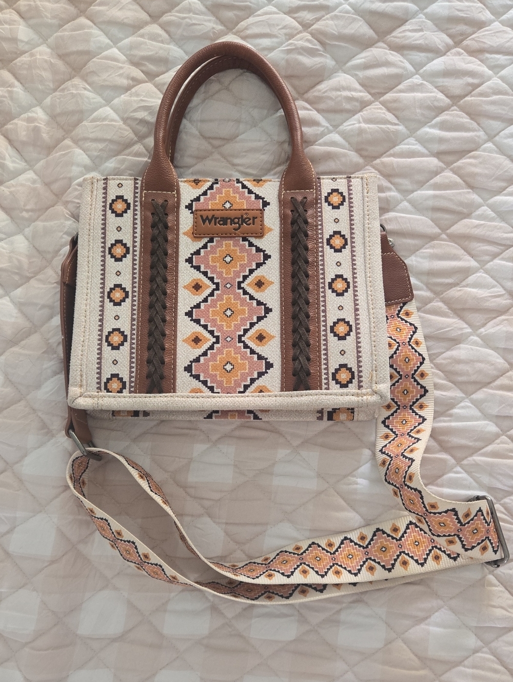 Wrangler Cream & Brown Aztec Crossbody Tote with Detachable Strap